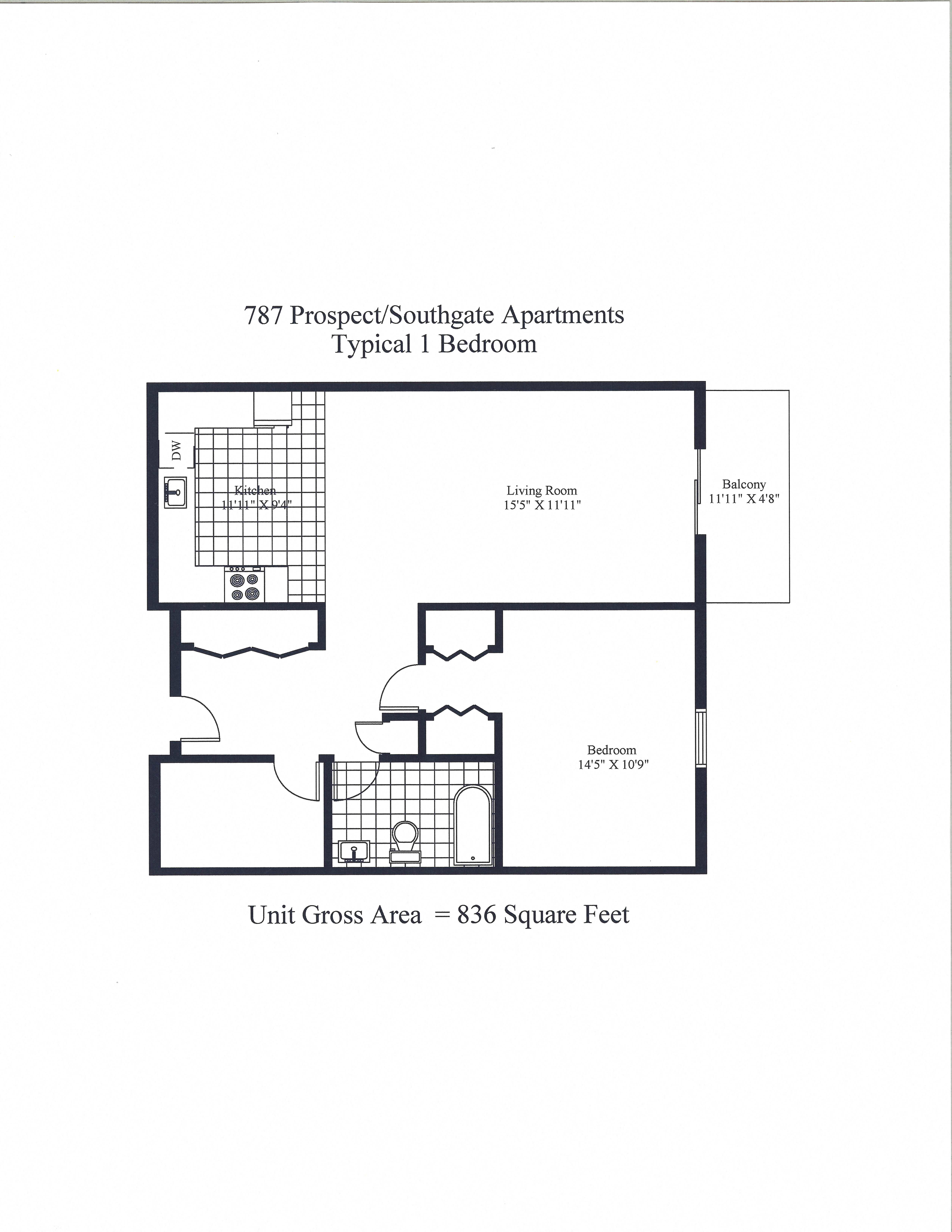 Floor plan for 1 bed, 1 bath, 836 sqft